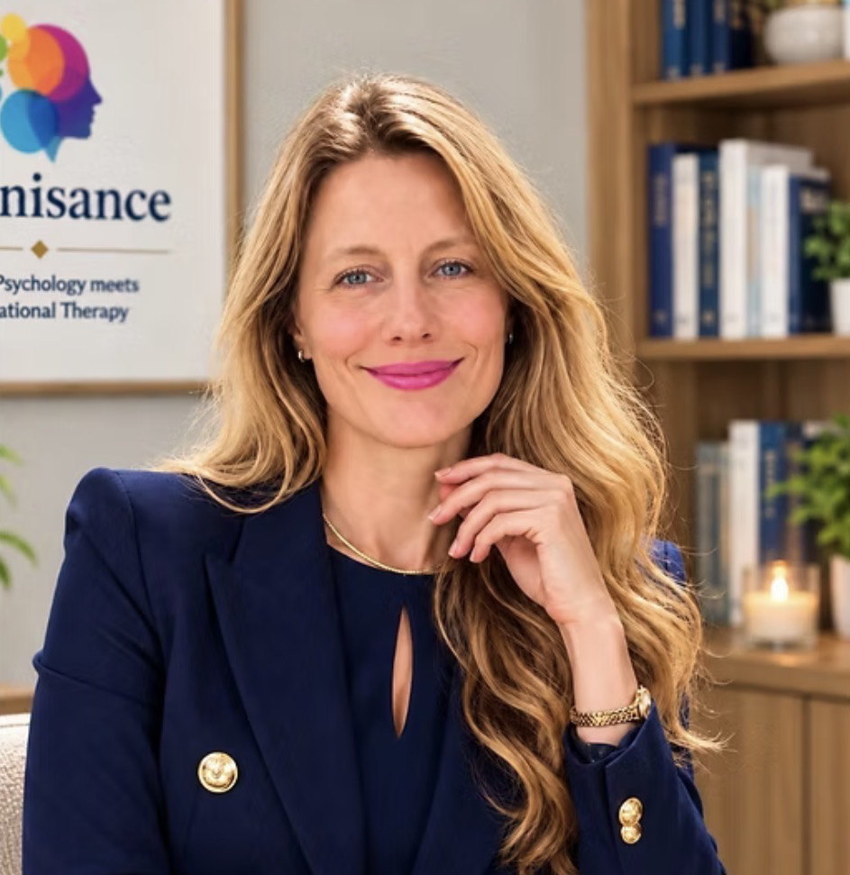 Louise Anderson in the clinic, with Cognisance branding and bookshelves behind her